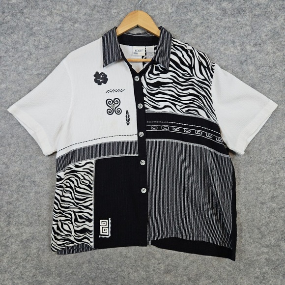 Koret Women's Vintage Black & White‎ Button Blouse Size L Artsy Geometric FLAW - Picture 1 of 8